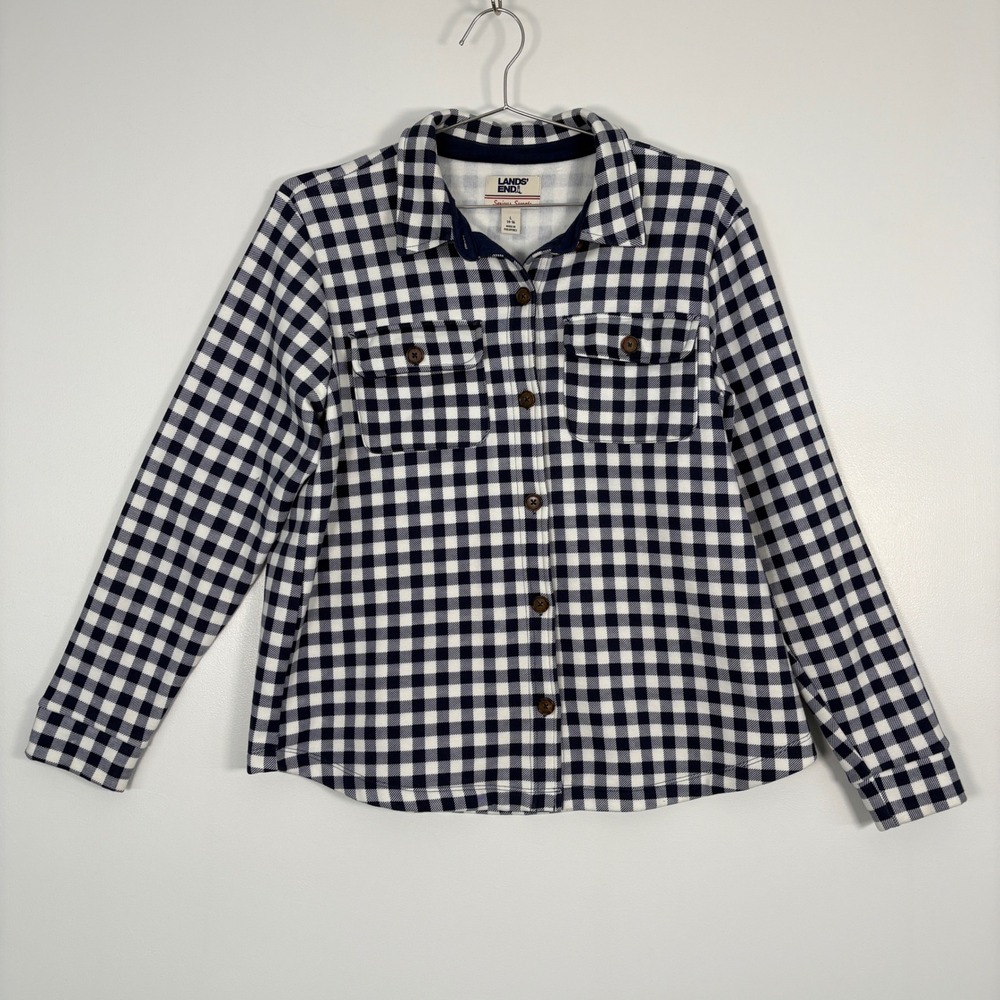 Lands End Womens Shirt Size L 14-16 Blue Gingham Serious Sweats Fleece Lined